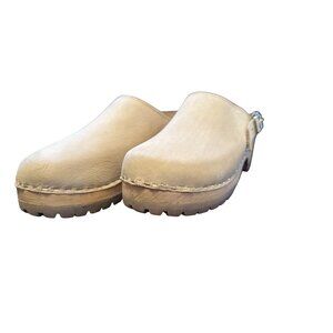 Mia Clogs Beige Leather Womens Adjustable Strap & Wooden Sole 6.5